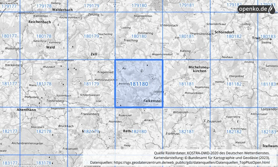 Übersichtskarte des KOSTRA-DWD-2020-Rasterfeldes Nr. 181180