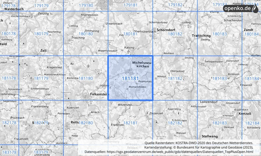 Übersichtskarte des KOSTRA-DWD-2020-Rasterfeldes Nr. 181181
