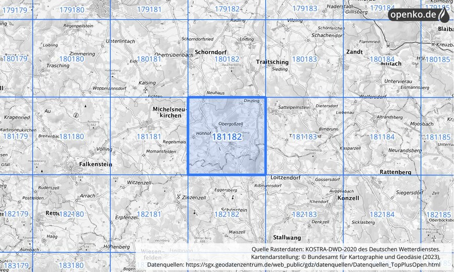 Übersichtskarte des KOSTRA-DWD-2020-Rasterfeldes Nr. 181182
