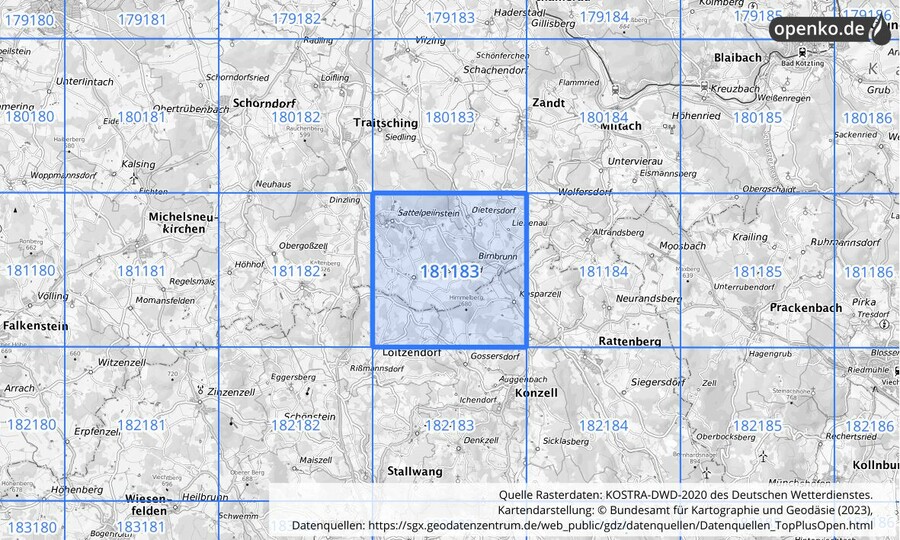 Übersichtskarte des KOSTRA-DWD-2020-Rasterfeldes Nr. 181183