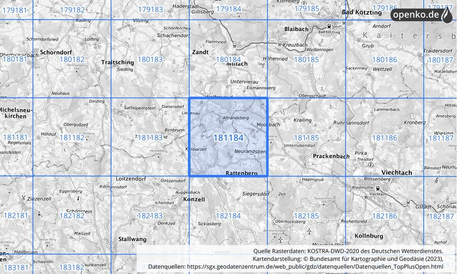 Übersichtskarte des KOSTRA-DWD-2020-Rasterfeldes Nr. 181184