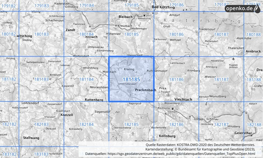 Übersichtskarte des KOSTRA-DWD-2020-Rasterfeldes Nr. 181185