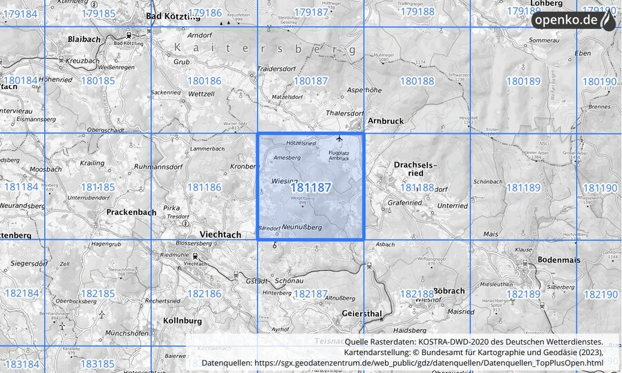 Übersichtskarte des KOSTRA-DWD-2020-Rasterfeldes Nr. 181187