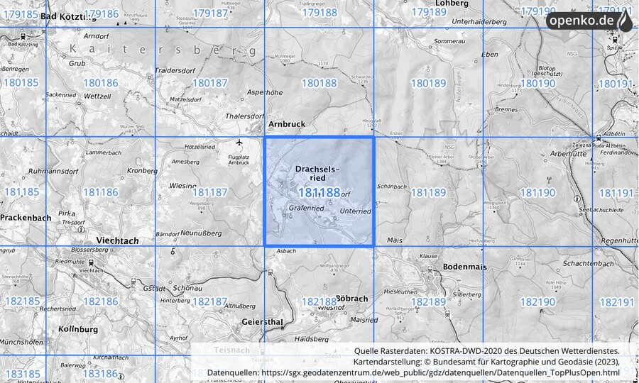 Übersichtskarte des KOSTRA-DWD-2020-Rasterfeldes Nr. 181188