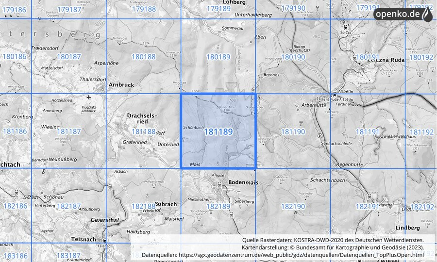 Übersichtskarte des KOSTRA-DWD-2020-Rasterfeldes Nr. 181189