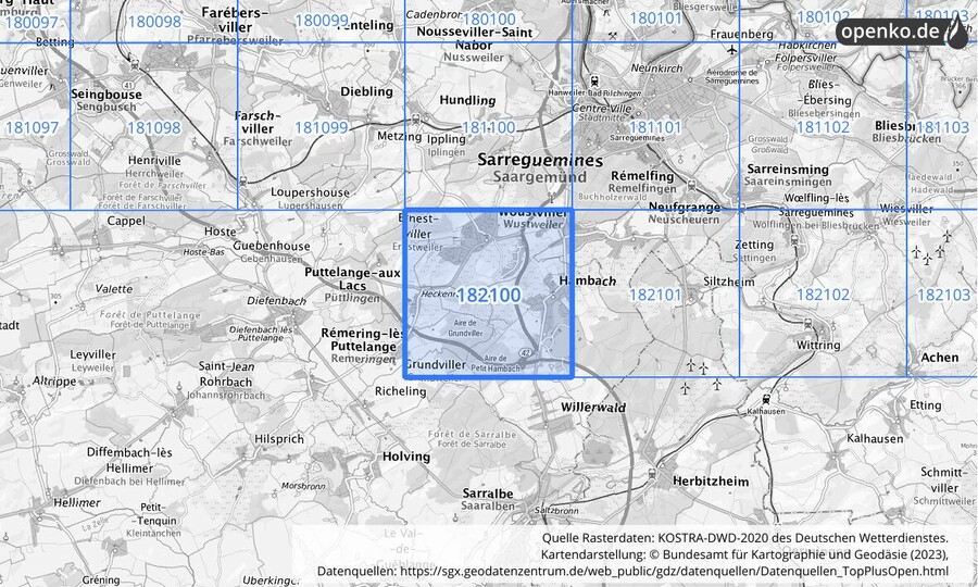 Übersichtskarte des KOSTRA-DWD-2020-Rasterfeldes Nr. 182100