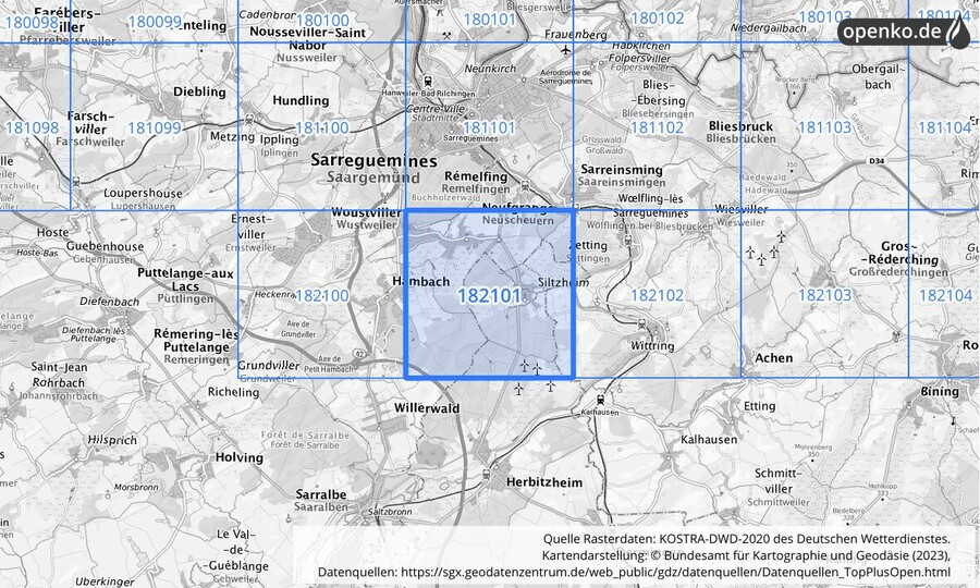 Übersichtskarte des KOSTRA-DWD-2020-Rasterfeldes Nr. 182101