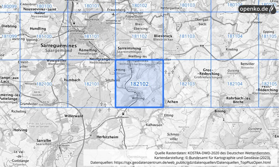 Übersichtskarte des KOSTRA-DWD-2020-Rasterfeldes Nr. 182102