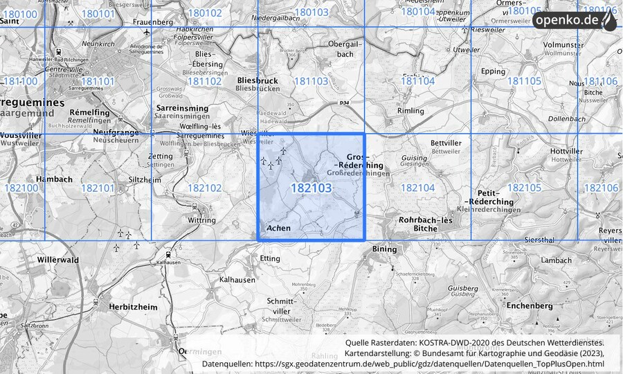 Übersichtskarte des KOSTRA-DWD-2020-Rasterfeldes Nr. 182103