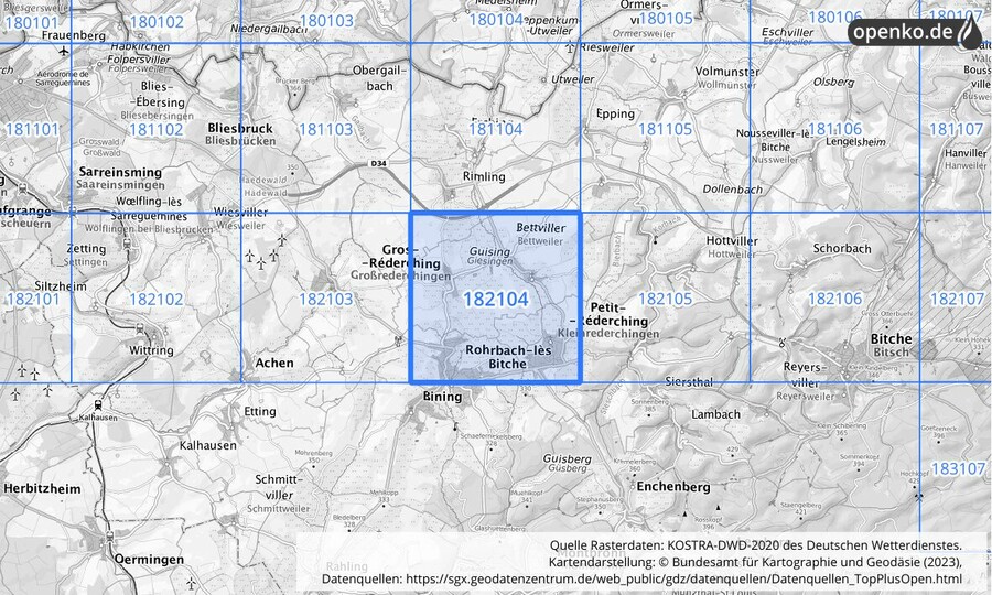 Übersichtskarte des KOSTRA-DWD-2020-Rasterfeldes Nr. 182104