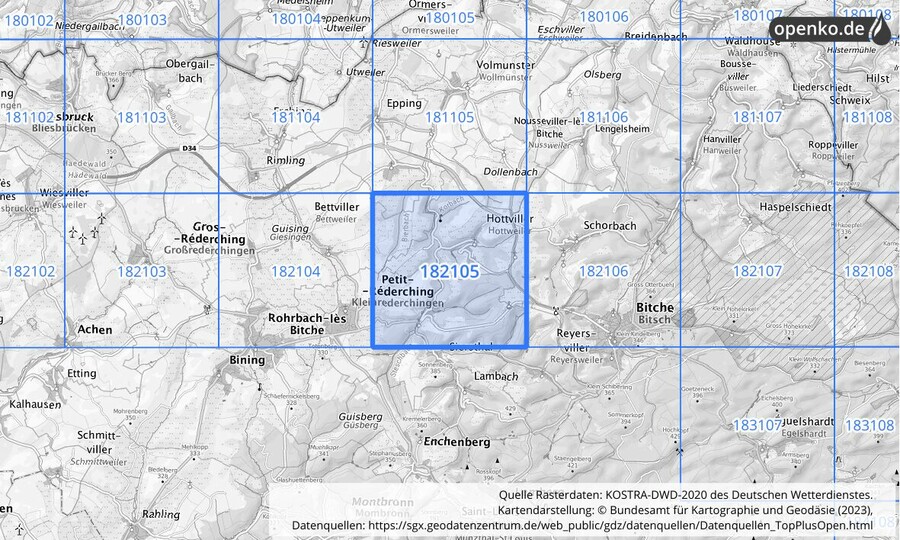 Übersichtskarte des KOSTRA-DWD-2020-Rasterfeldes Nr. 182105