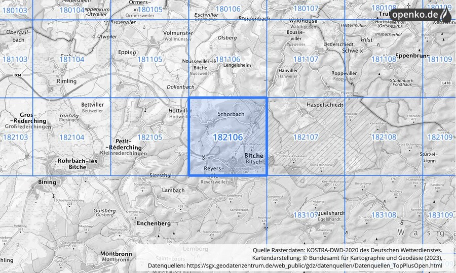 Übersichtskarte des KOSTRA-DWD-2020-Rasterfeldes Nr. 182106