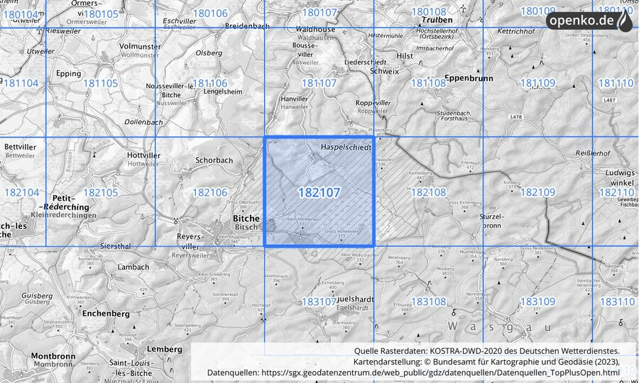 Übersichtskarte des KOSTRA-DWD-2020-Rasterfeldes Nr. 182107