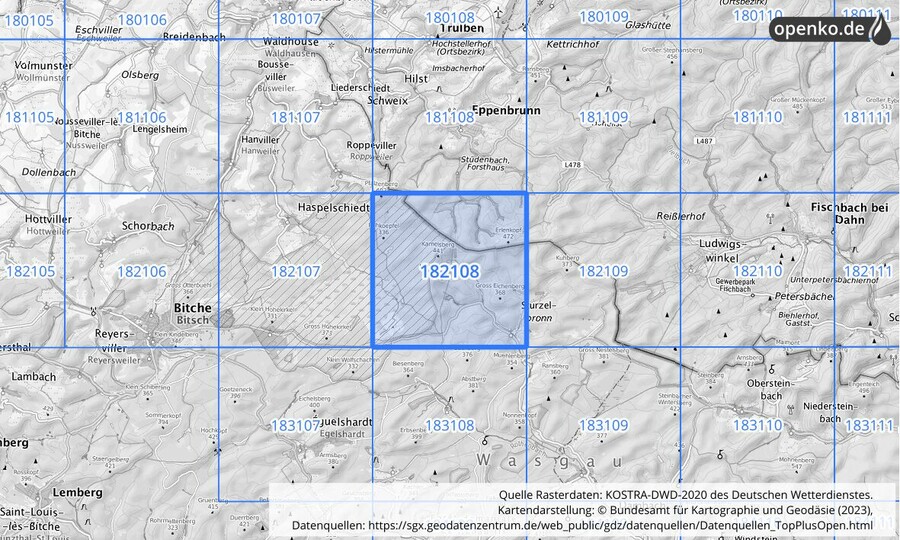 Übersichtskarte des KOSTRA-DWD-2020-Rasterfeldes Nr. 182108