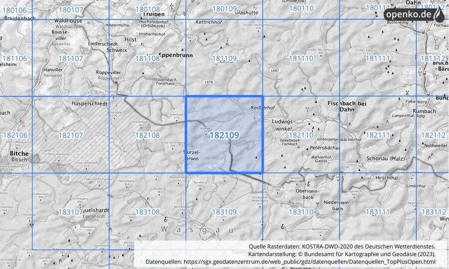 Übersichtskarte des KOSTRA-DWD-2020-Rasterfeldes Nr. 182109