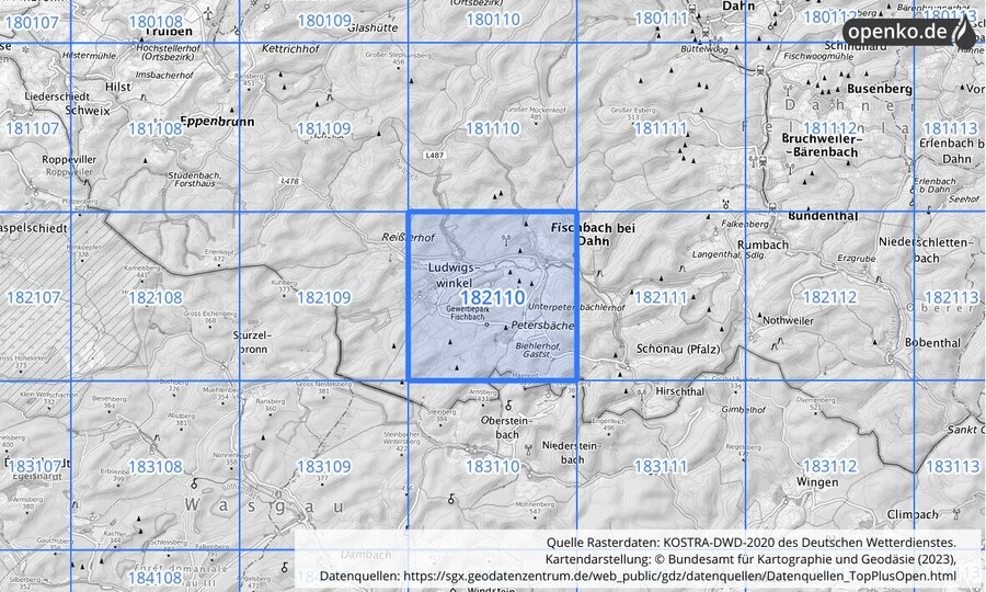 Übersichtskarte des KOSTRA-DWD-2020-Rasterfeldes Nr. 182110