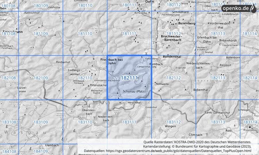 Übersichtskarte des KOSTRA-DWD-2020-Rasterfeldes Nr. 182111