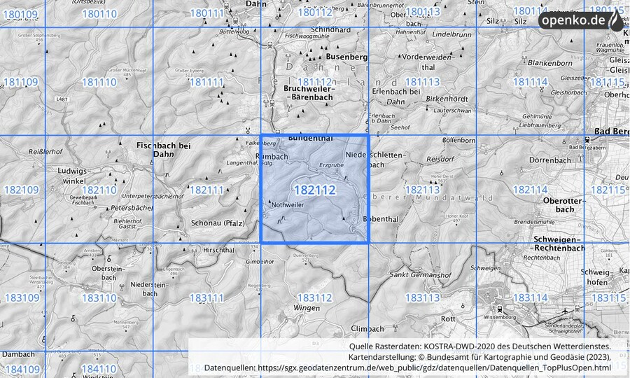 Übersichtskarte des KOSTRA-DWD-2020-Rasterfeldes Nr. 182112