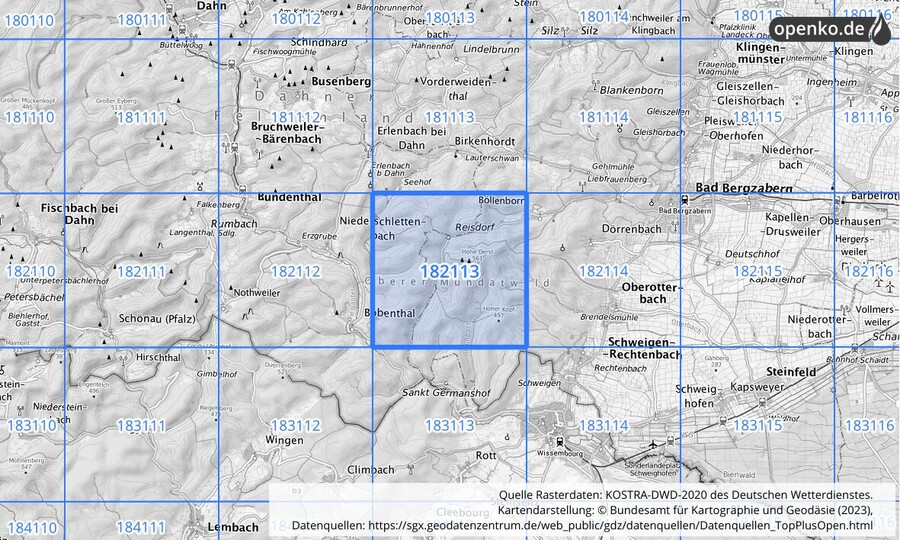 Übersichtskarte des KOSTRA-DWD-2020-Rasterfeldes Nr. 182113