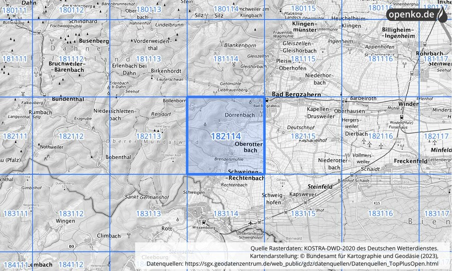 Übersichtskarte des KOSTRA-DWD-2020-Rasterfeldes Nr. 182114