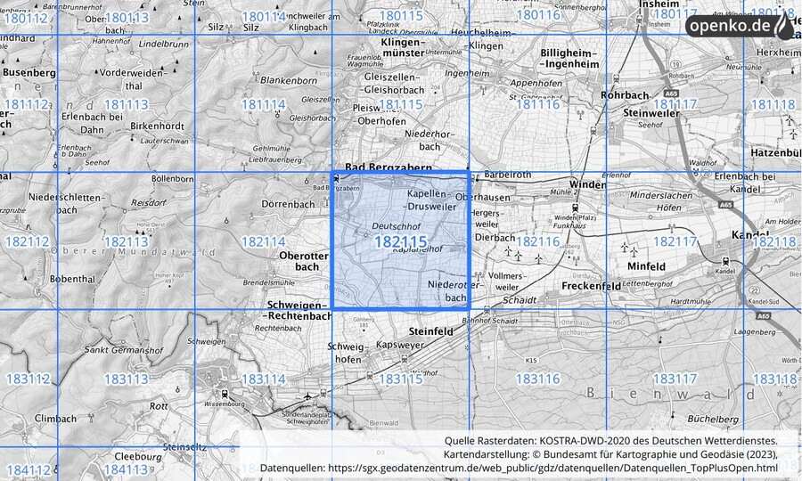 Übersichtskarte des KOSTRA-DWD-2020-Rasterfeldes Nr. 182115