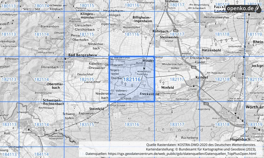 Übersichtskarte des KOSTRA-DWD-2020-Rasterfeldes Nr. 182116