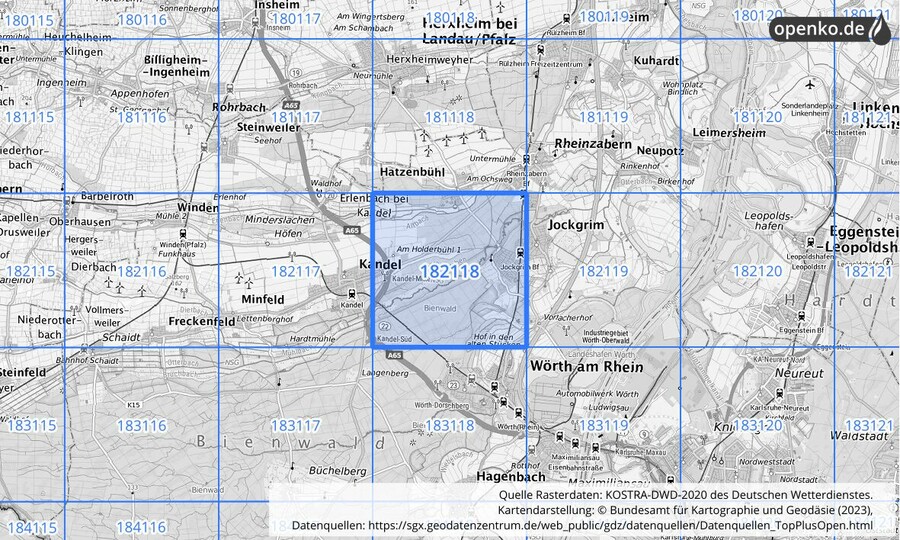 Übersichtskarte des KOSTRA-DWD-2020-Rasterfeldes Nr. 182118