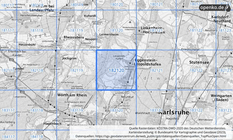 Übersichtskarte des KOSTRA-DWD-2020-Rasterfeldes Nr. 182120