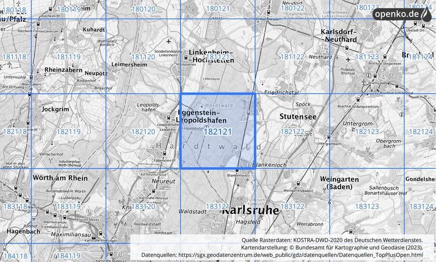 Übersichtskarte des KOSTRA-DWD-2020-Rasterfeldes Nr. 182121