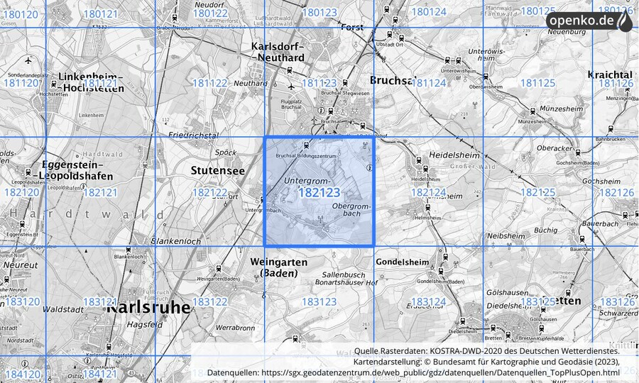 Übersichtskarte des KOSTRA-DWD-2020-Rasterfeldes Nr. 182123