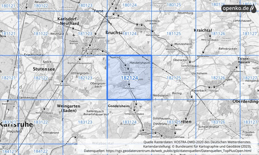 Übersichtskarte des KOSTRA-DWD-2020-Rasterfeldes Nr. 182124