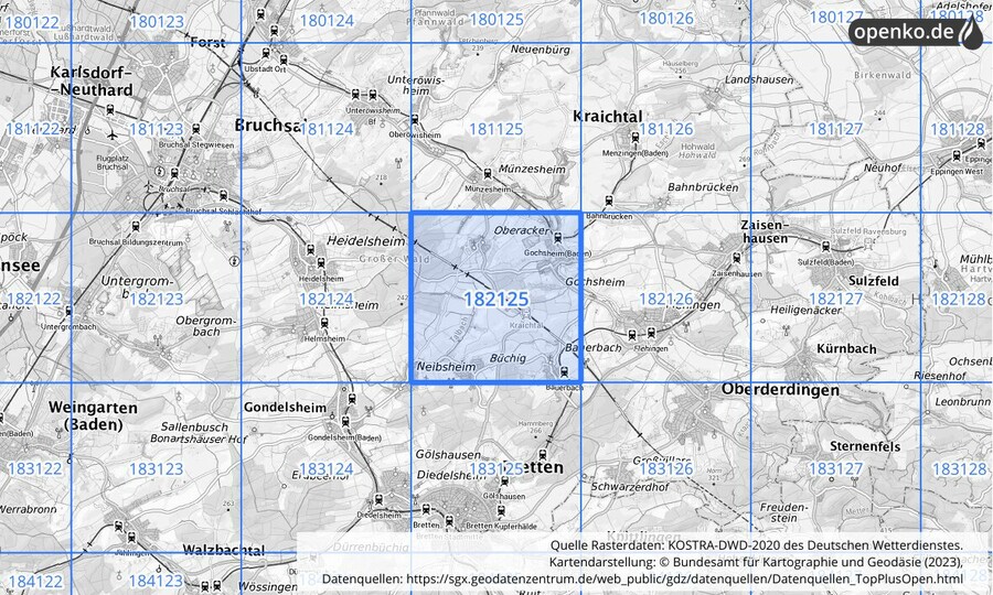 Übersichtskarte des KOSTRA-DWD-2020-Rasterfeldes Nr. 182125