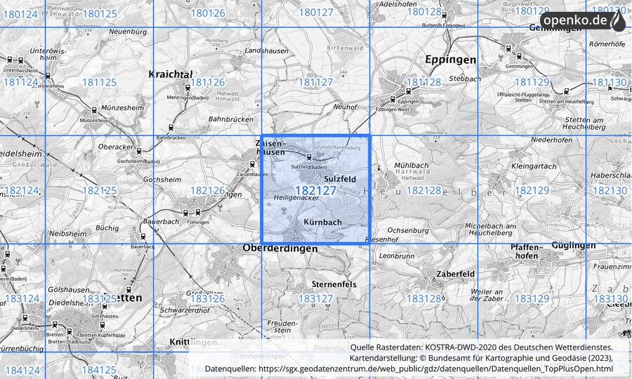 Übersichtskarte des KOSTRA-DWD-2020-Rasterfeldes Nr. 182127