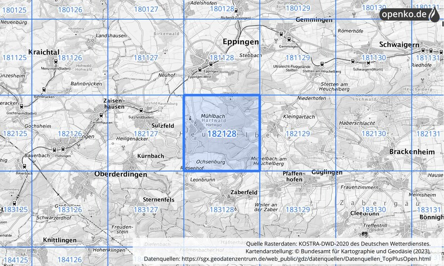 Übersichtskarte des KOSTRA-DWD-2020-Rasterfeldes Nr. 182128