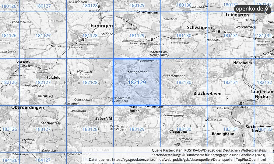 Übersichtskarte des KOSTRA-DWD-2020-Rasterfeldes Nr. 182129