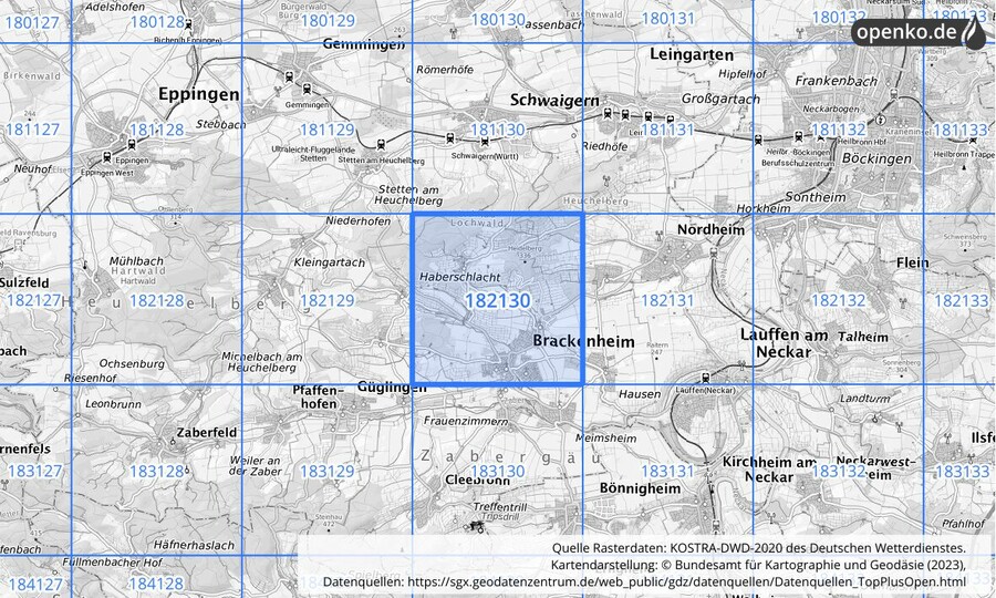 Übersichtskarte des KOSTRA-DWD-2020-Rasterfeldes Nr. 182130