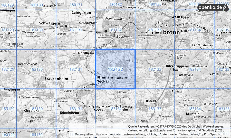 Übersichtskarte des KOSTRA-DWD-2020-Rasterfeldes Nr. 182132