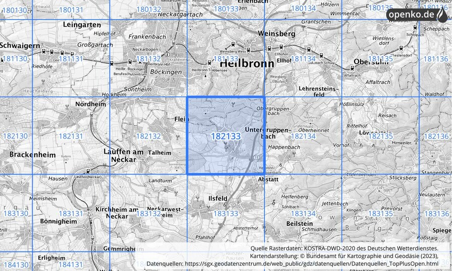Übersichtskarte des KOSTRA-DWD-2020-Rasterfeldes Nr. 182133