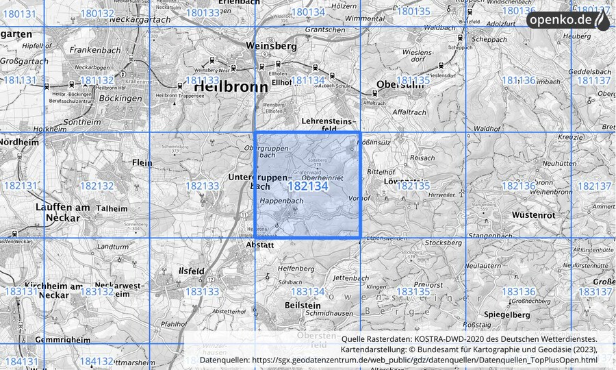 Übersichtskarte des KOSTRA-DWD-2020-Rasterfeldes Nr. 182134