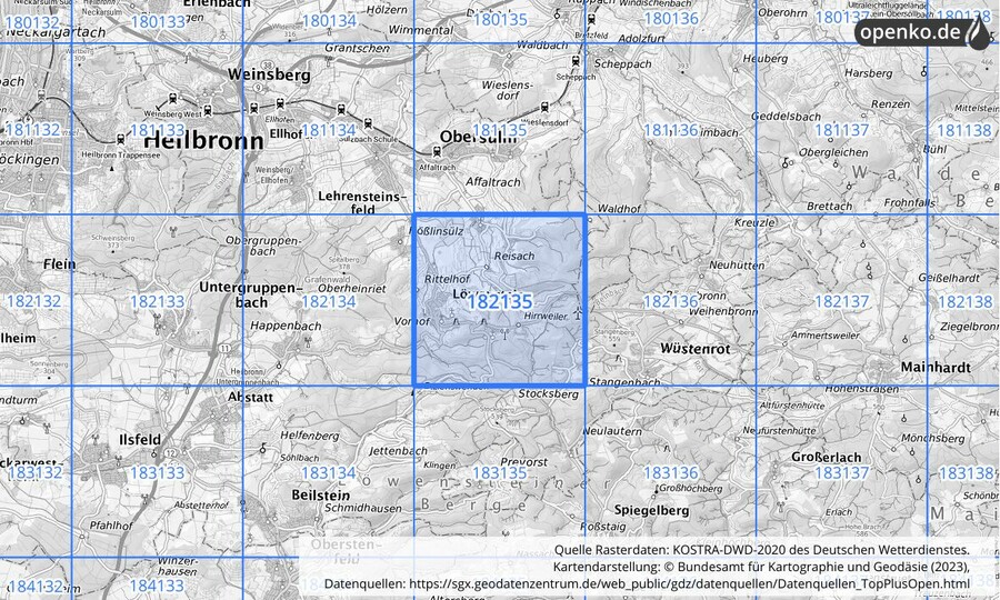 Übersichtskarte des KOSTRA-DWD-2020-Rasterfeldes Nr. 182135