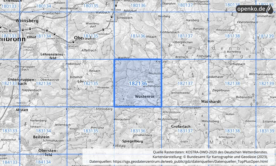 Übersichtskarte des KOSTRA-DWD-2020-Rasterfeldes Nr. 182136