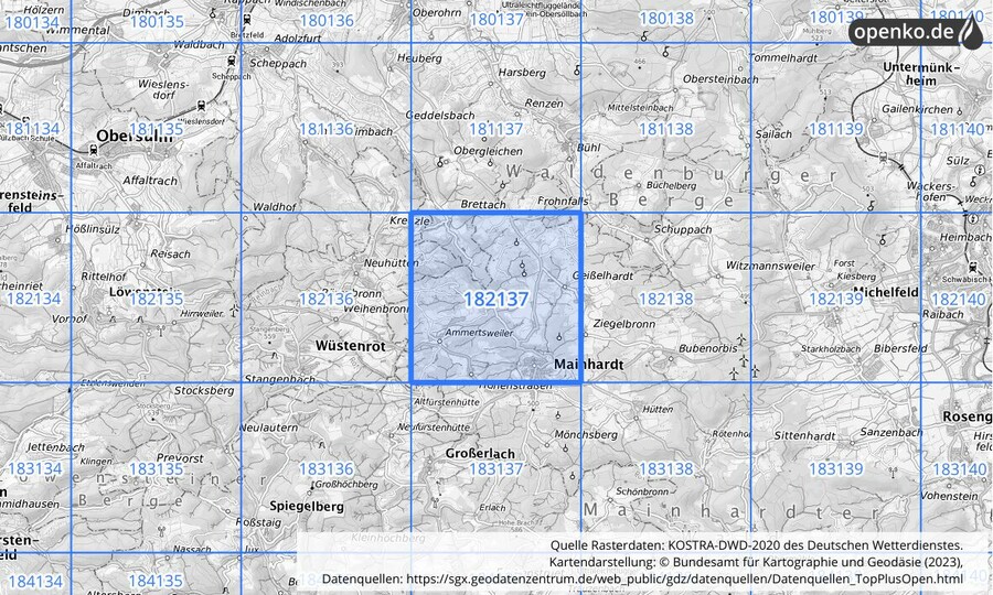 Übersichtskarte des KOSTRA-DWD-2020-Rasterfeldes Nr. 182137