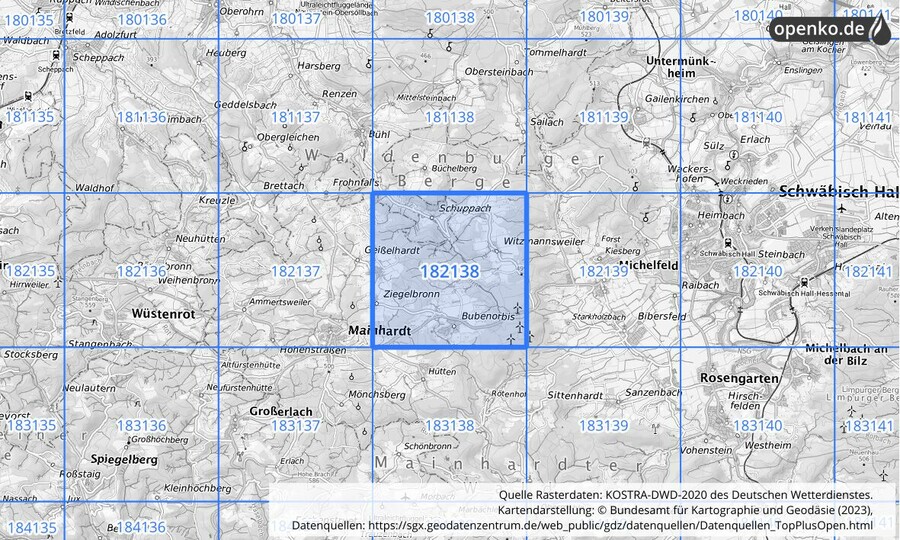 Übersichtskarte des KOSTRA-DWD-2020-Rasterfeldes Nr. 182138