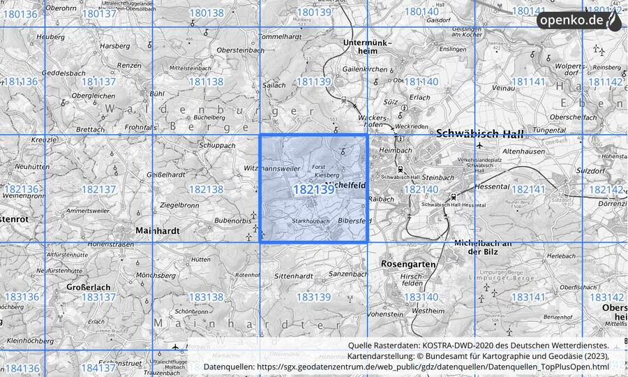 Übersichtskarte des KOSTRA-DWD-2020-Rasterfeldes Nr. 182139