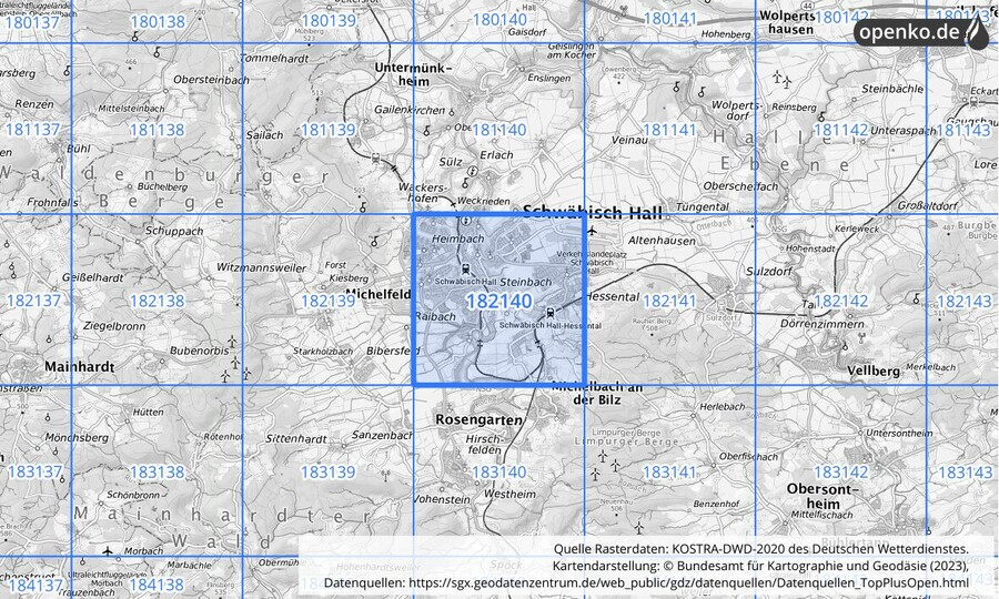 Übersichtskarte des KOSTRA-DWD-2020-Rasterfeldes Nr. 182140
