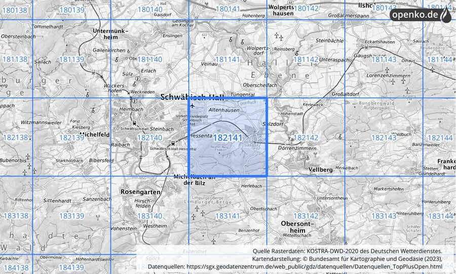 Übersichtskarte des KOSTRA-DWD-2020-Rasterfeldes Nr. 182141