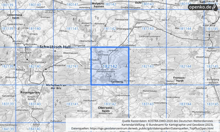 Übersichtskarte des KOSTRA-DWD-2020-Rasterfeldes Nr. 182142