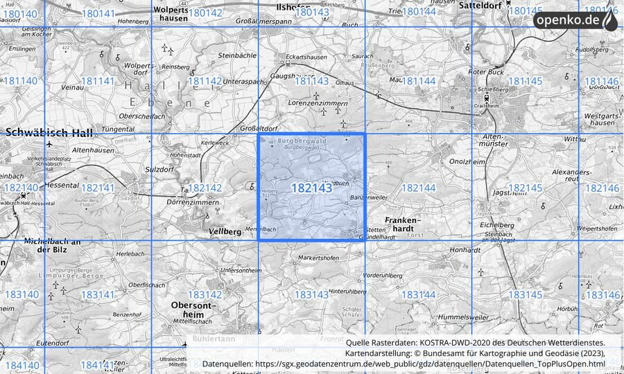 Übersichtskarte des KOSTRA-DWD-2020-Rasterfeldes Nr. 182143