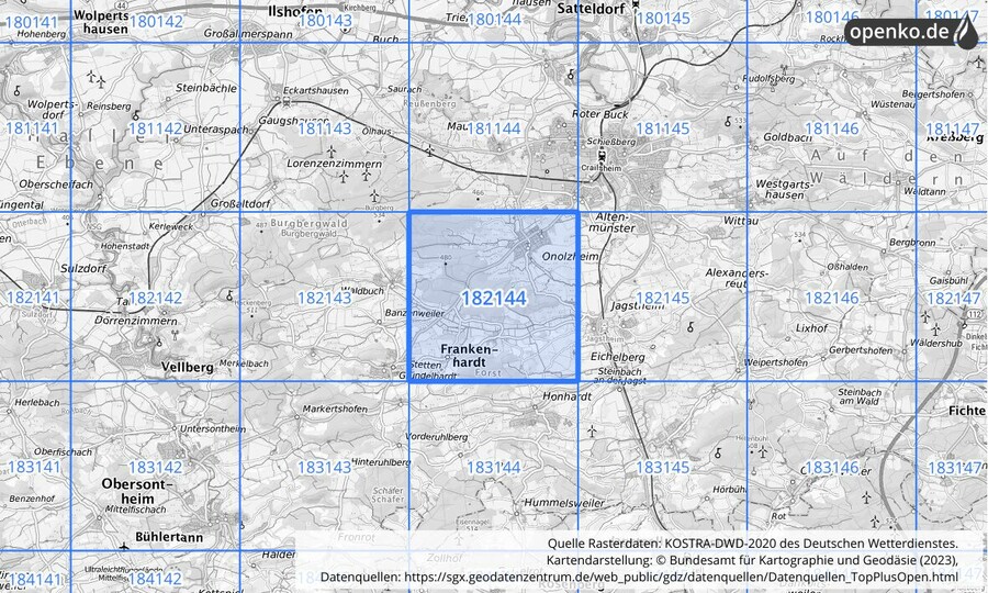 Übersichtskarte des KOSTRA-DWD-2020-Rasterfeldes Nr. 182144