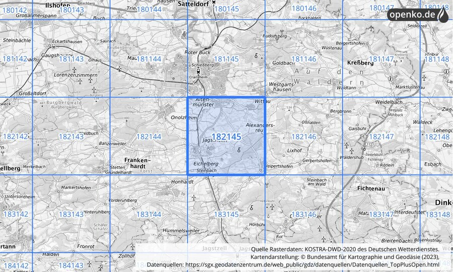 Übersichtskarte des KOSTRA-DWD-2020-Rasterfeldes Nr. 182145